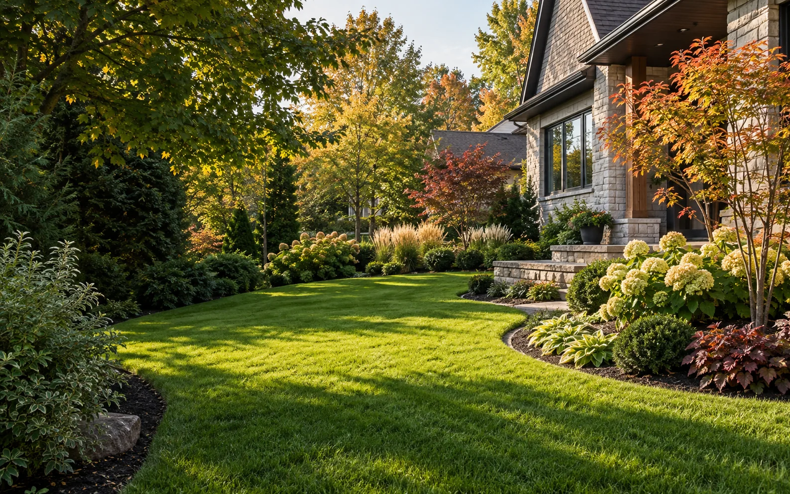Illustration of a carefully maintained lawn and garden in autumn